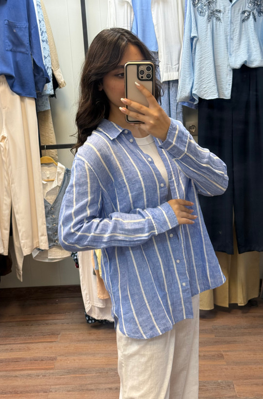 شومیز لینن آبی راه راه H&m